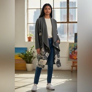 Floral Gray Women's Faux Leather Jacket/Wrap